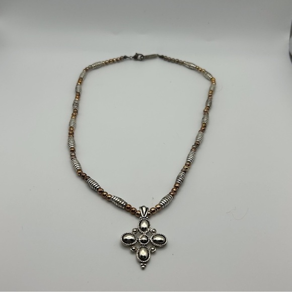 Vintage Napier Silver Tone Spiral Beaded with Bronze Beads Cross Flower Necklace - Picture 6 of 12